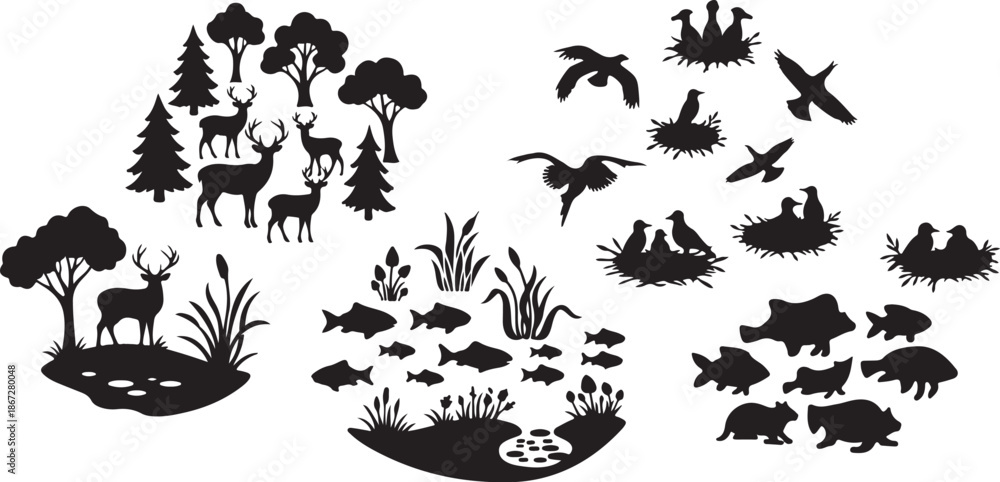 Fototapeta premium Wildlife Silhouettes in Forest and Water Ecosystem Scene