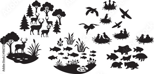 Wildlife Silhouettes in Forest and Water Ecosystem Scene