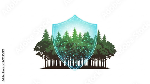 Protective shield embracing lush forest, symbolizing nature conservation and environmental protection viewed from a distance