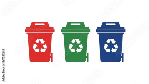 Three recycling bins with distinct colors and recycling symbols, viewed from the front in a simple illustration style