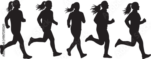 Silhouettes of women running in a line formation together
