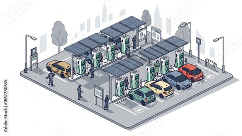 Cars refueling at a modern gas station with solar panels on the roof