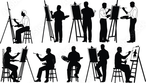 Artist painting silhouette illustration set, creative painter working poses, professional fine art creation scenes, black and white vector collection style