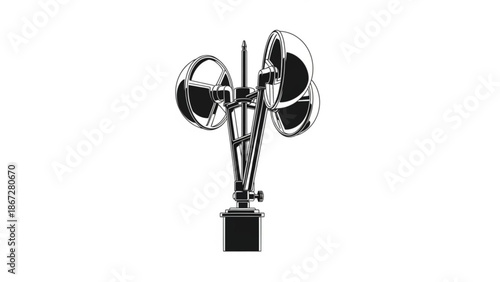 Anemometer measuring wind speed on a black stand, viewed from the front, in an industrial setting, c112552b-e49d-43a4-b747-1ddf2d1360df.svg