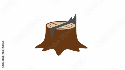Brown tree stump with axe.