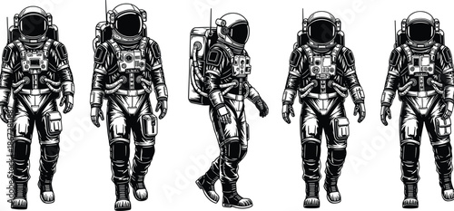 Astronaut space suit illustration set, multiple walking poses, detailed sci fi explorer character design, monochrome line art vector style
