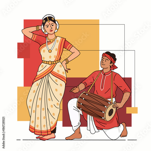 Assamese Bihu Dance Performance with Traditional Drum Illustration
