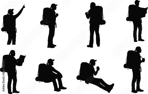 Backpacker silhouette hiking set, traveler with backpack navigation and resting poses, outdoor adventure journey, camping lifestyle, black vector illustration