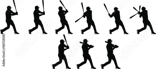 Baseball batter silhouette action set, professional hitting swing poses, dynamic sports movement, athletic performance, black vector illustration collection, design pack