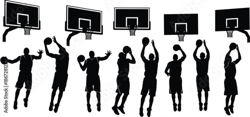 Basketball player silhouette action set, professional dunk and shooting poses, dynamic sports movement, athletic performance, black vector illustration collection, design