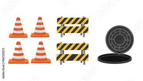 Essential road construction and maintenance items featuring orange traffic cones, striped barriers, and an open manhole, indicating road work and safety.