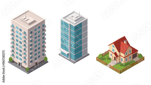 Set of isometric residential buildings showcasing modern apartment blocks and a traditional family house, illustrating diverse urban and suburban living structures.