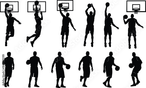 Basketball player silhouette action set, professional dunk shooting poses, dynamic sports movement, athletic performance, black vector illustration collection, design pack
