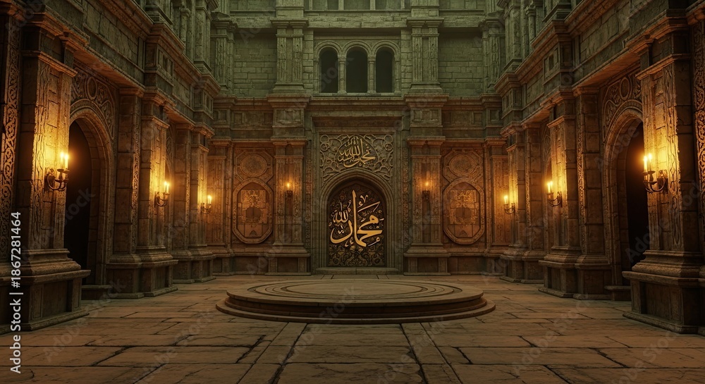 Obraz premium Royal Chamber's Antique: The grandeur of an ancient royal chamber, featuring stone walls, archways, and a captivating inscription, exudes an aura of timeless majesty.