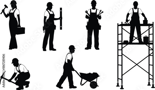 Construction worker silhouettes set, builders using tools and equipment, industrial labor people, construction site activities, black isolated illustration, vector collection