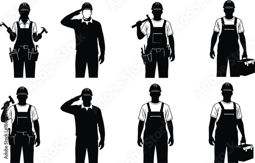 Construction worker silhouettes set, builders with tools and helmets, industrial labor professions, handyman characters, black isolated vector illustration, collection, design