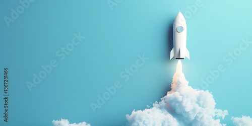 3D illustration of white rocket launching into sky through clouds on blue background, concept for startup business success and innovation


