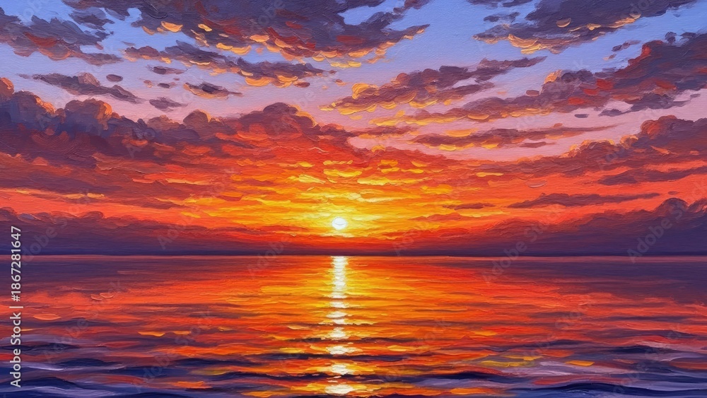 Fototapeta premium Vibrant sunset over serene ocean with warm golden light