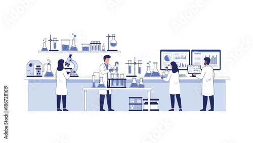 Diverse team of scientists working collaboratively in a high-tech laboratory, utilizing various equipment and computers for research and data analysis.