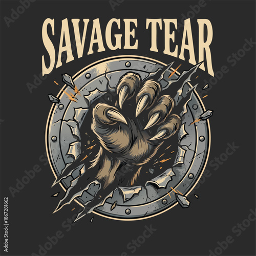 Aggressive Monster Paw Ripping Steel Background - Mascot Logo