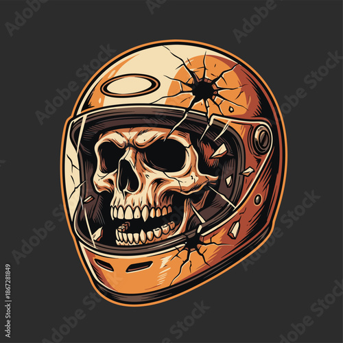 Skull inside a cracked motorcycle helmet.