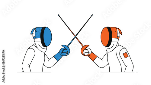 Two fencers in protective gear with crossed swords, depicting an intense and skilled fencing duel, symbolizing sport, strategy, and combat.