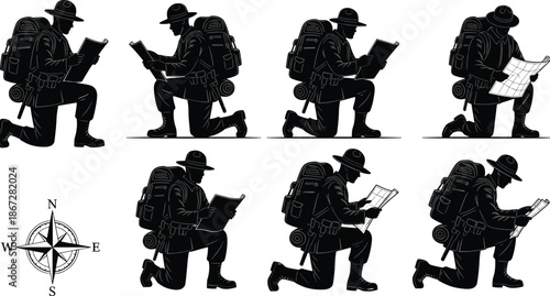 Explorer reading map illustration set, hiking navigation poses, outdoor adventure traveler character, monochrome silhouette vector design style