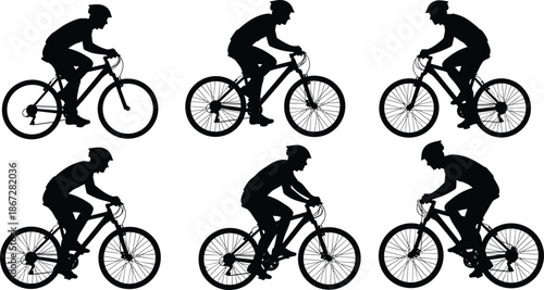 Cyclist silhouette set, mountain bike riding poses, outdoor sport activity, cycling motion concept, black and white vector illustration