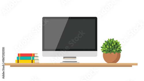 Modern computer monitor, stack of colorful books, and a potted plant neatly arranged on a wooden shelf, ideal for a home office or study.