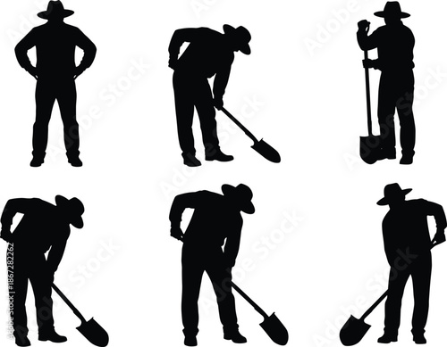 Farmer silhouette working set, agricultural laborer digging with shovel poses, rural farming work concept, black vector illustration collection design pack