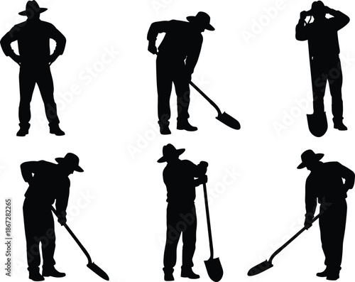 Farmer silhouette working set, agricultural laborer with shovel digging and standing poses, rural farming work concept, black vector illustration collection