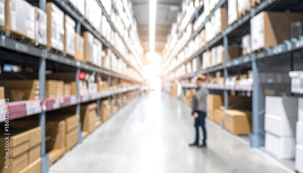 Fototapeta premium Blurred warehouse with shelved boxes stretching into bright distance with a figure in the aisle