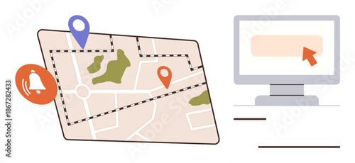 Travel planning, logistics, communication, notifications, geographic analysis, user interface. A digital map with markers next to a computer and a bell icon. Travel planning and logistics concept