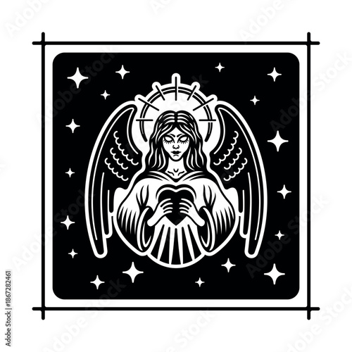 Black and white angel illustration in a vintage tattoo style, featuring a serene female angel with wings, halo, and heart symbolizing love, faith, and protection