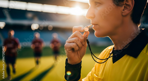 Man referee blowing a whistle on a soccer field during a match, signaling a foul or the end of play. Sports official for championship.