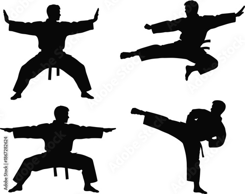 Karate fighter silhouettes vector set, martial arts poses of kicking and punching, black belt athlete icons isolated on white background for sports design