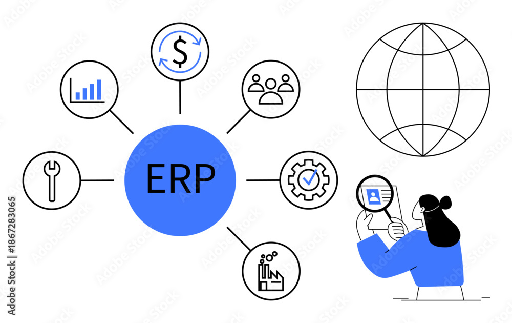 Fototapeta premium ERP system. ERP connects business operations thumbs up finance, tools, and data management. ERP enables global process optimization and business analysis. For operations, tech, finance, HR
