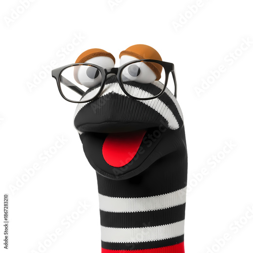 Cheerful Striped Sock Puppet with Googly Eyes and Glasses Looking Up