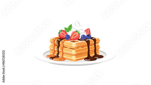Appetizing stack of golden waffles topped with fresh strawberries, ripe blueberries, and rich chocolate and caramel sauces.