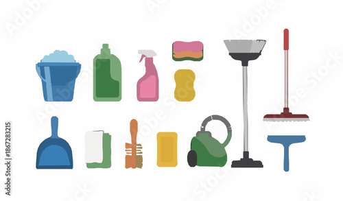 Household cleaning tools vector set with flat home and office cleaning supplies icons