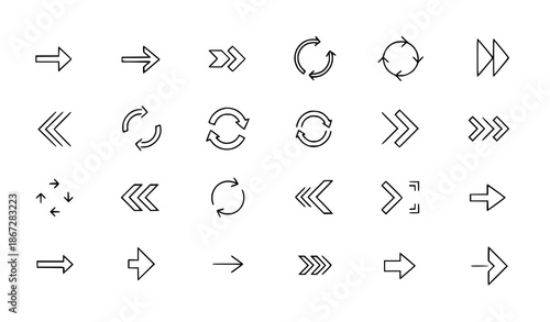 Minimalist line style vector arrow icons set of 24 for web, apps, and infographics