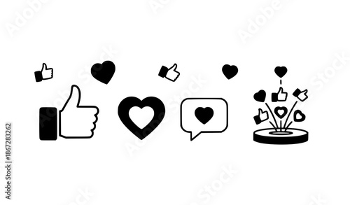 Like and Heart social media icons vector set for live stream, chat, and digital reactions