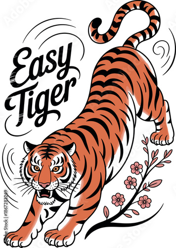 Easy tiger calligraphy with dynamic illustration of stretching feline