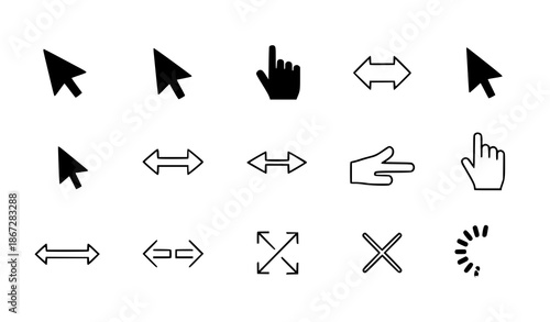 Computer mouse cursor icons vector set with arrow pointers and loading symbols in flat style