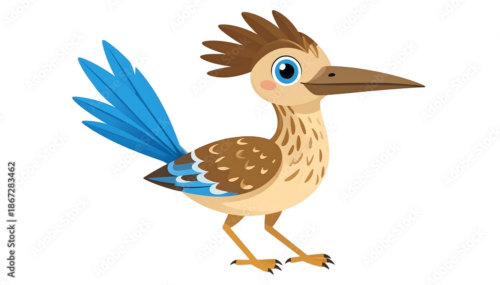 Obraz premium A cartoon-style illustration of a roadrunner bird with a brown body, blue tail feathers, and a spiky head crest
