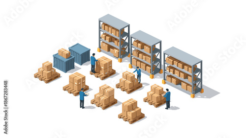 Isometric view of warehouse operations with workers organizing and moving various cardboard boxes on pallets and shelves.