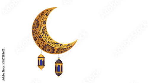 Beautiful golden crescent moon with intricate traditional patterns, adorned with two elegant hanging lanterns, isolated.