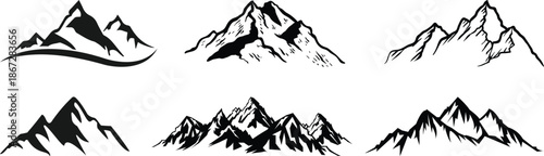 Mountain icon logo vector illustration for adventure outdoor sport graphic design. Black stone and landscape drawing, different shape of peak logo mountain icon silhouettes. Evergreen forest black