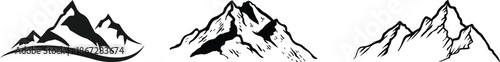 Mountain icon logo vector illustration for adventure outdoor sport graphic design. Black stone and landscape drawing, different shape of peak logo mountain icon silhouettes. Evergreen forest black