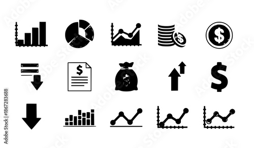 Business and finance vector icons set with charts, graphs, and money symbols for infographics